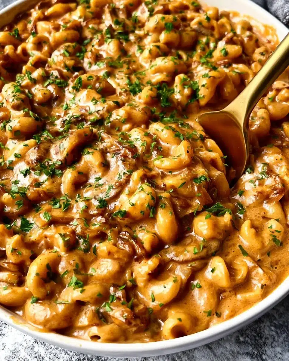 Delicious onion pasta dish with caramelized onions and herbs