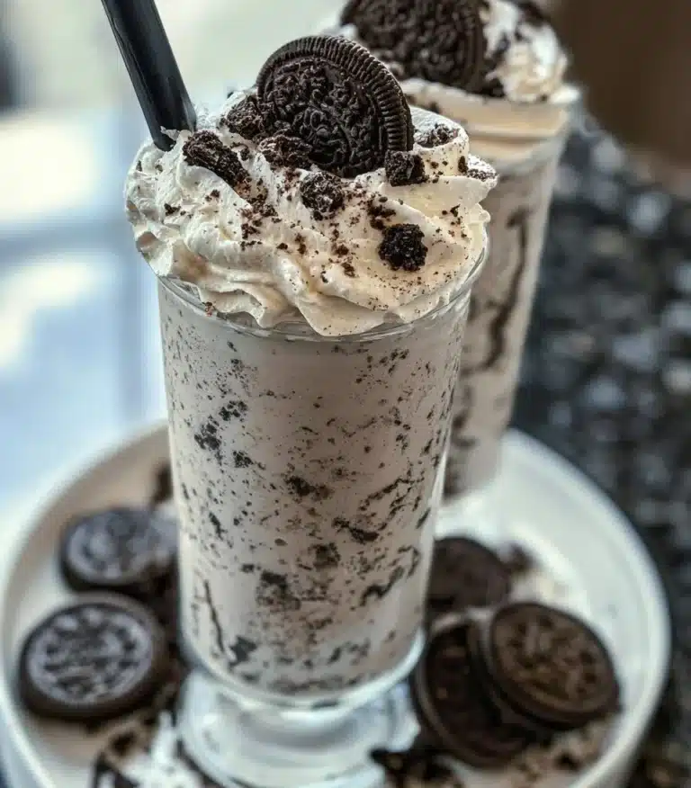 Delicious homemade Oreo milkshake topped with whipped cream and crushed Oreos