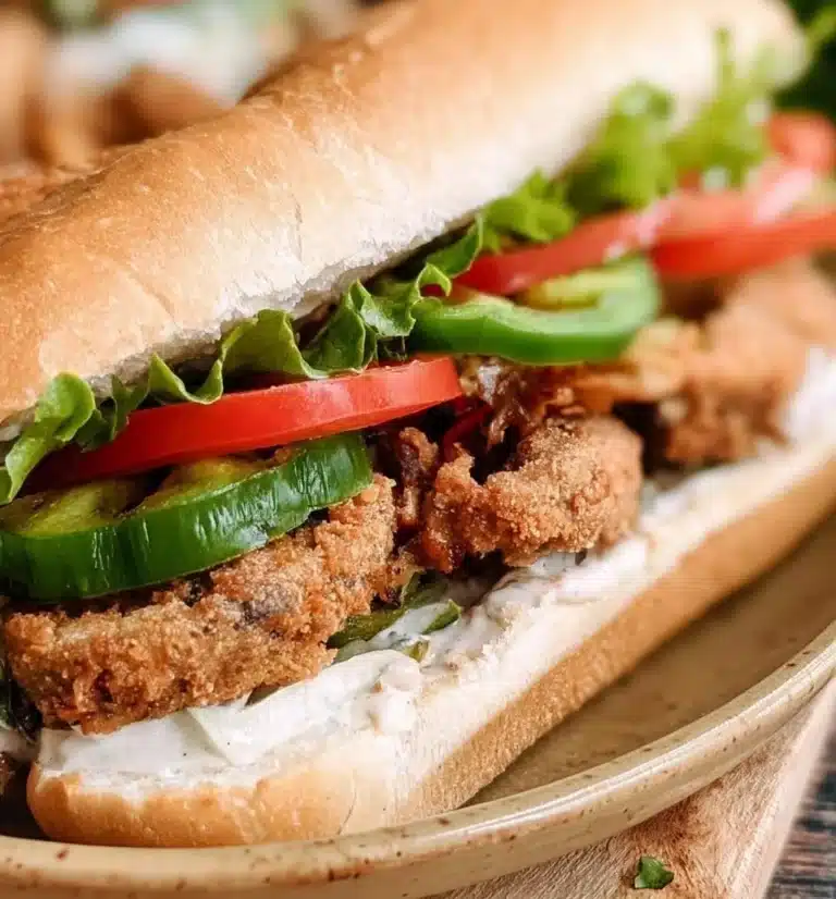 Oyster Mushroom Po Boy sandwich with lettuce and sauce on a bun