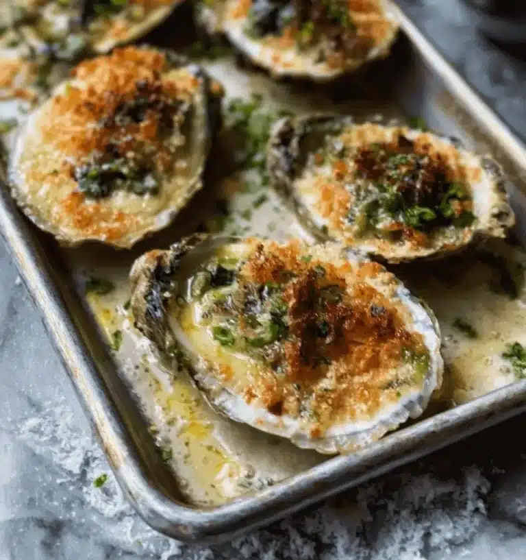 Delicious Oysters Rockefeller topped with spinach and herbs, ready to enjoy.