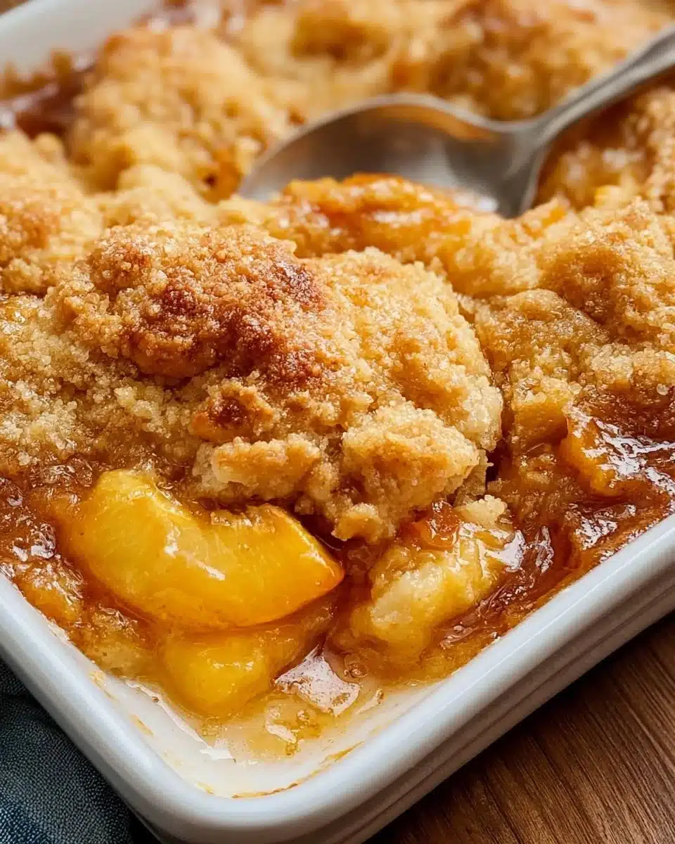 Delicious homemade Peach Cobbler in a baking dish, topped with golden crust.