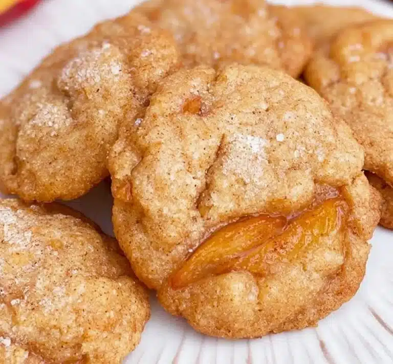 Freshly baked peach cookies with a golden crust and sweet peach chunks