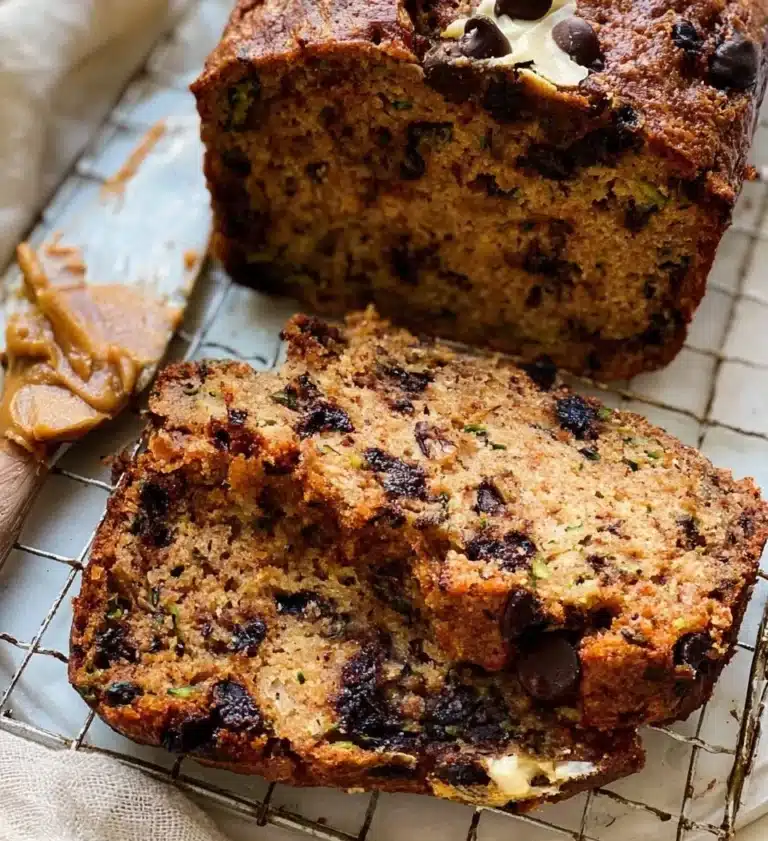 Delicious slice of peanut butter chocolate chip zucchini bread on a wooden table.