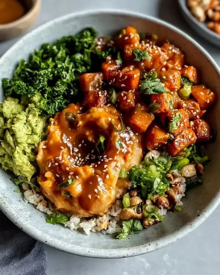 Peanut Sweet Potato Buddha Bowl with vibrant vegetables and toppings