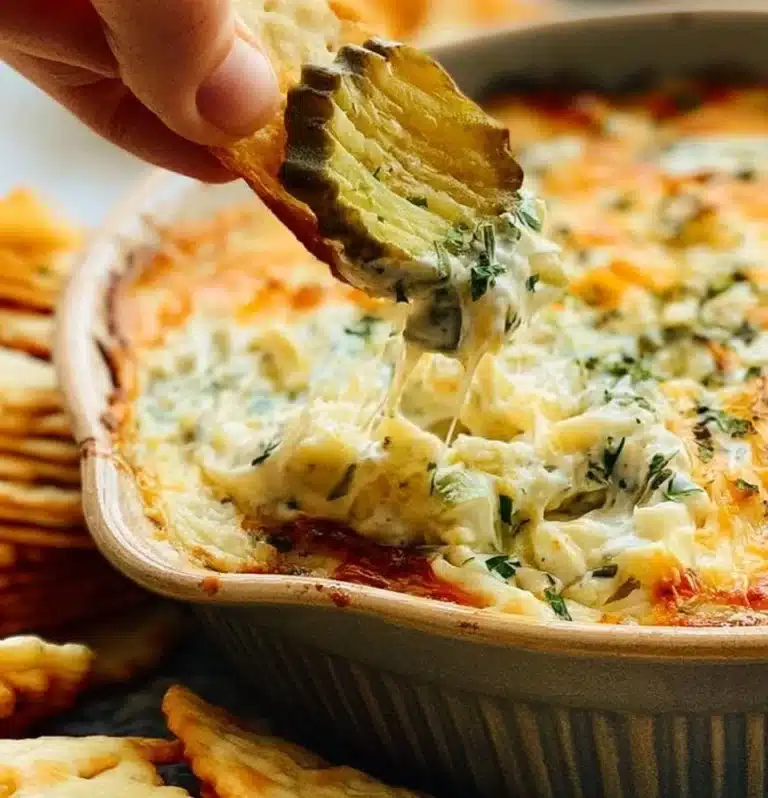 Delicious homemade pickle dip served in a bowl with crackers and veggies