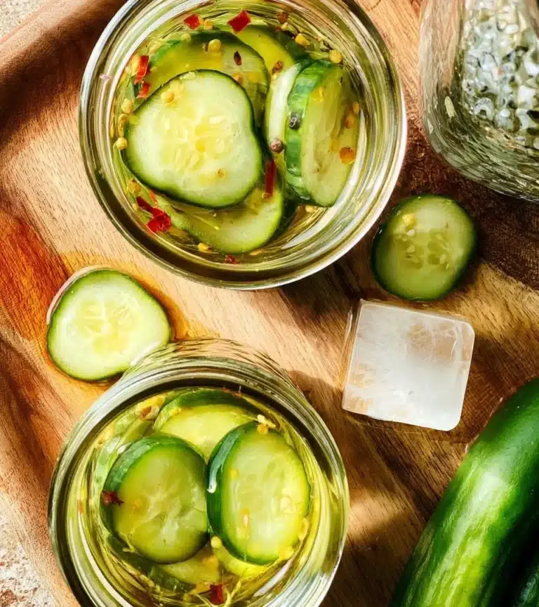 Jar of homemade pickled cucumbers with spices and herbs