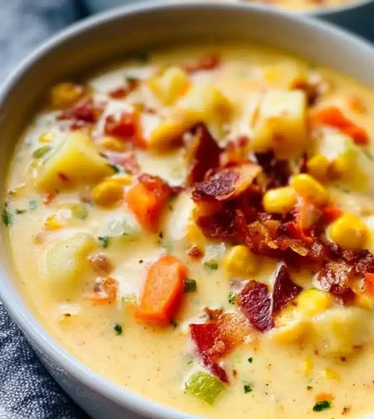 Bowl of creamy potato corn chowder with herbs and fresh ingredients