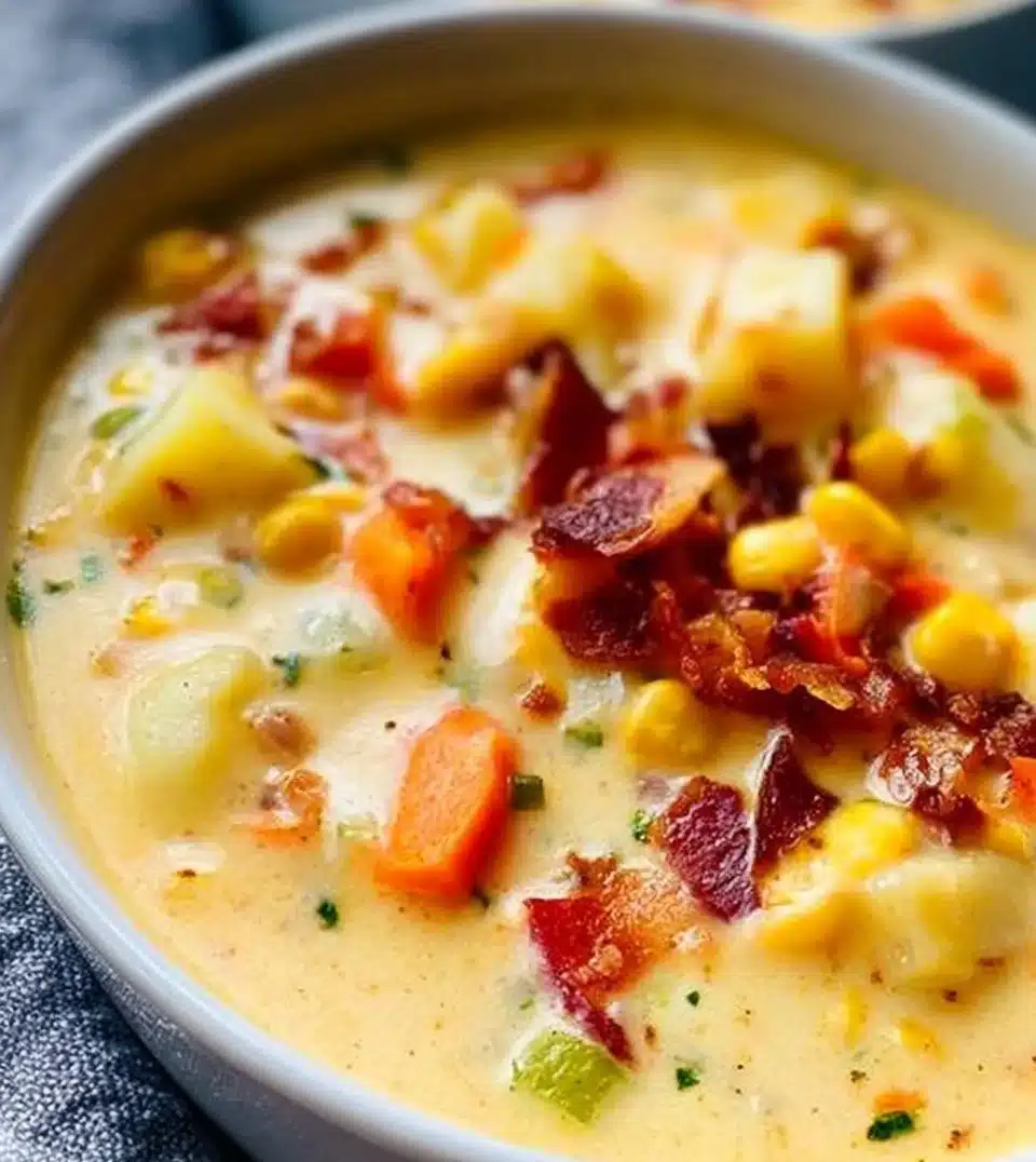 Bowl of creamy potato corn chowder with herbs and fresh ingredients