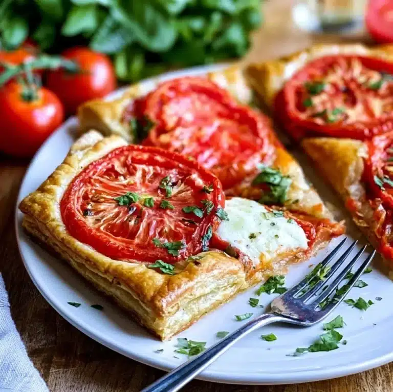 Delicious puff pastry tomato tart topped with fresh tomatoes and herbs