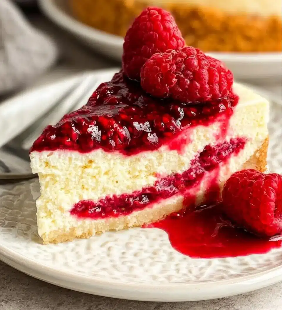 Delicious slice of Raspberry Cheesecake topped with fresh raspberries and cream.