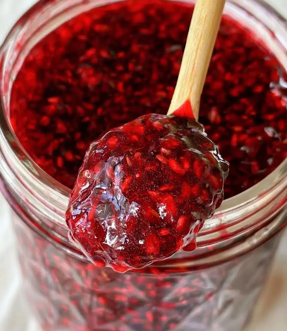 Homemade raspberry jam in a jar with fresh raspberries and toast.