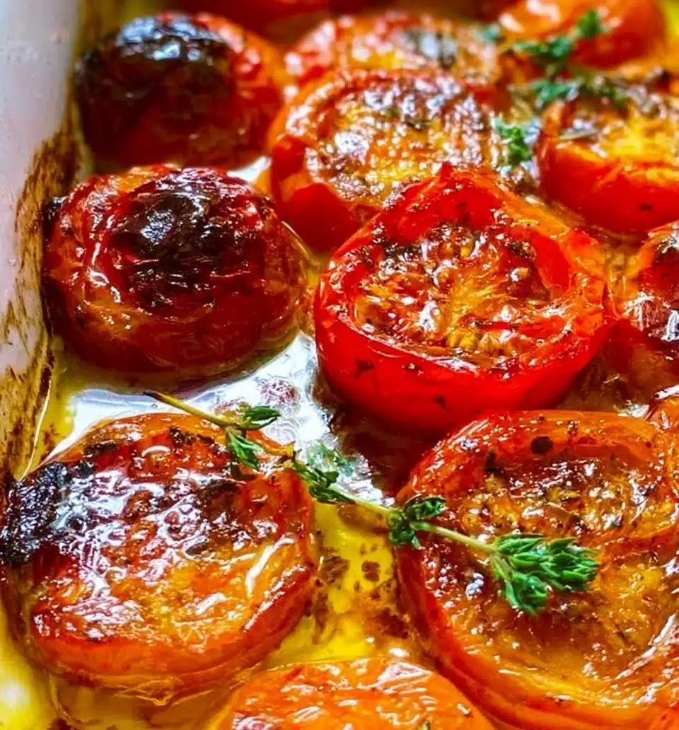Deliciously roasted tomatoes garnished with herbs, showcasing vibrant colors and textures.
