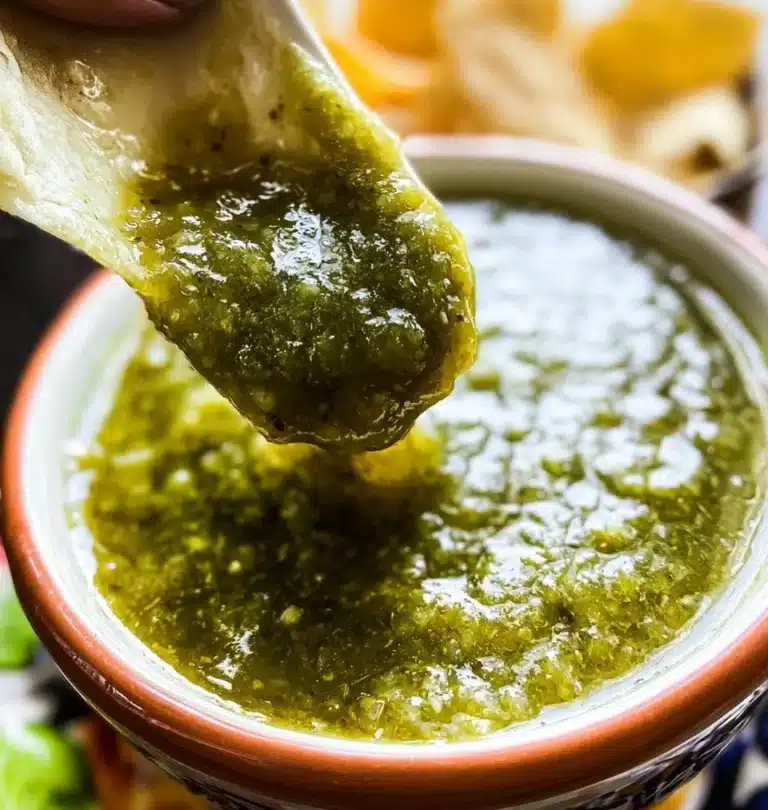 Freshly made Salsa Verde in a bowl with cilantro and lime wedges