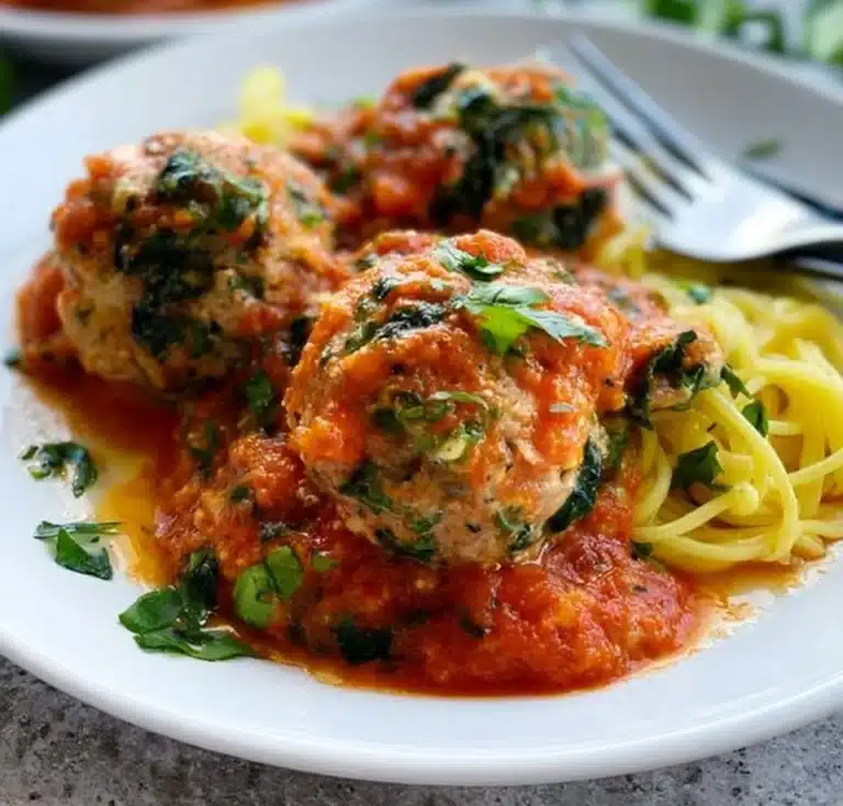 Plate of spinach feta turkey meatballs garnished with herbs