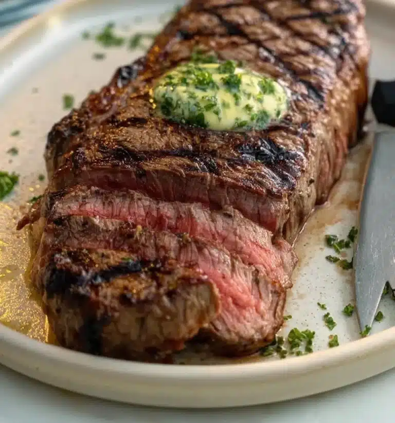 Delicious steak topped with savory herb butter on a plate