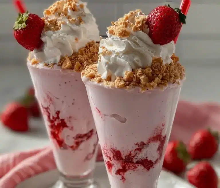 Strawberry cheesecake milkshake topped with whipped cream and strawberry slices.