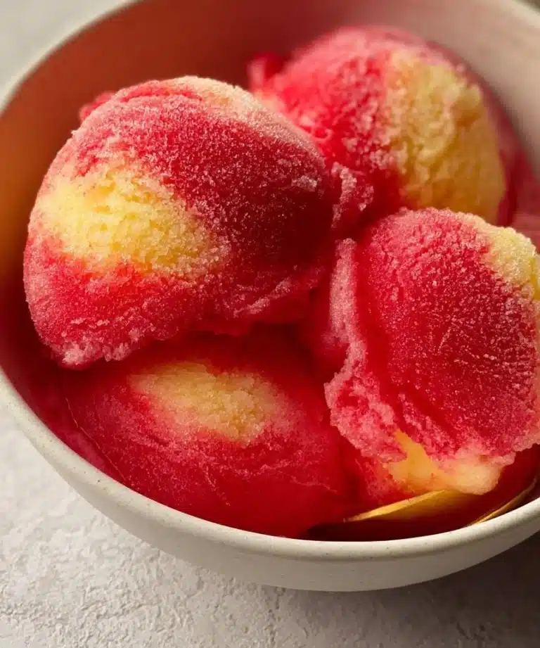 Bowl of vibrant strawberry pineapple sorbet with fresh fruits on top.
