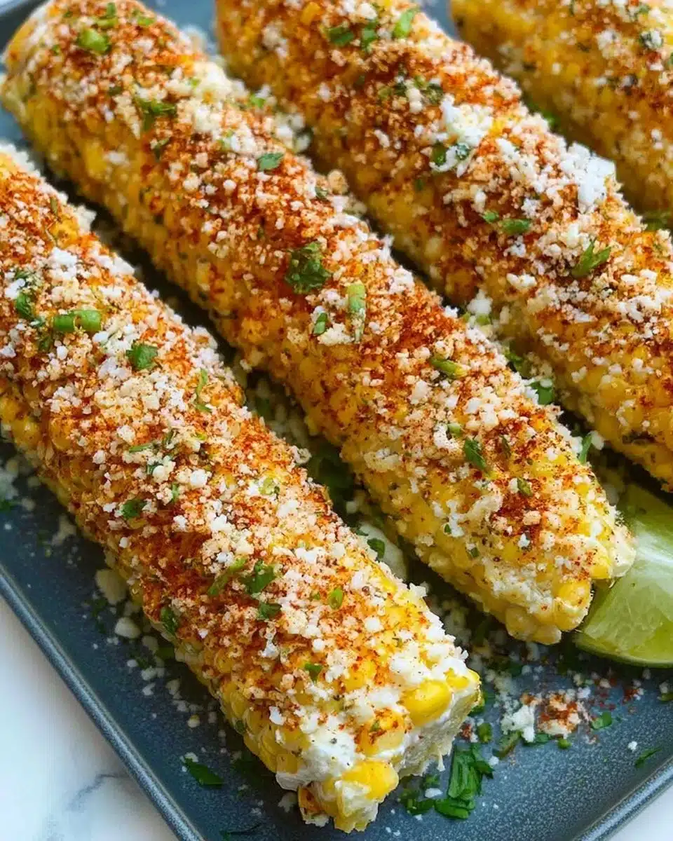 Delicious street corn topped with cheese, spices, and lime.