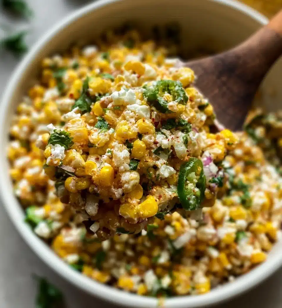 Delicious Street Corn Salad topped with cheese and spices in a vibrant bowl.
