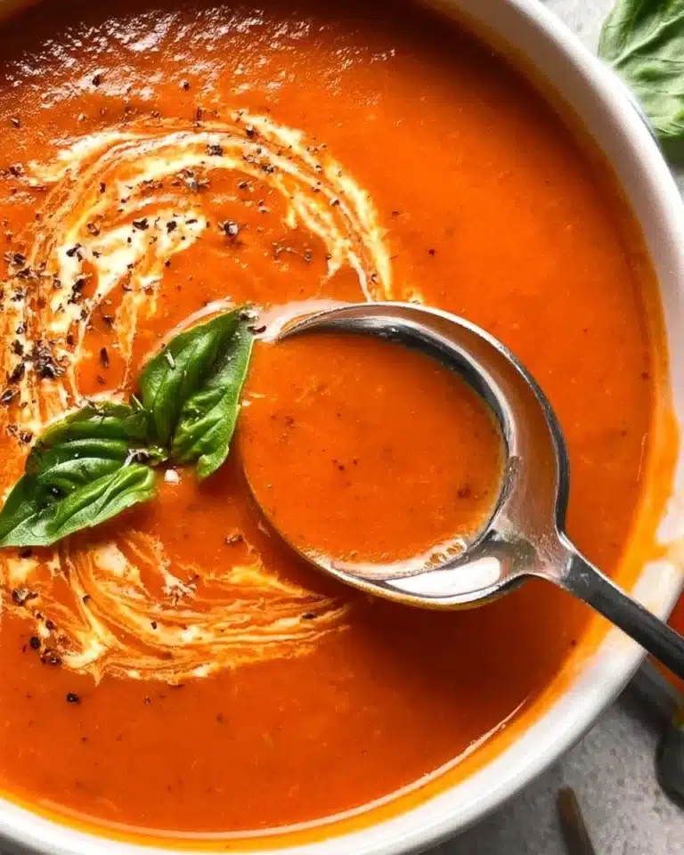 A bowl of homemade tomato basil soup garnished with fresh basil leaves.