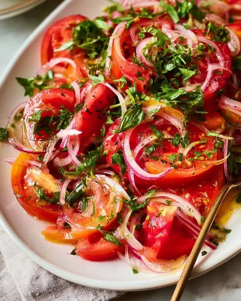 Colorful tomato salad with fresh herbs and vinaigrette dressing