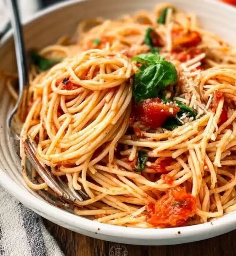 Delicious bowl of Tomato Spaghetti topped with fresh basil and Parmesan cheese