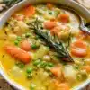 Bowl of colorful vegetable soup with fresh ingredients and herbs