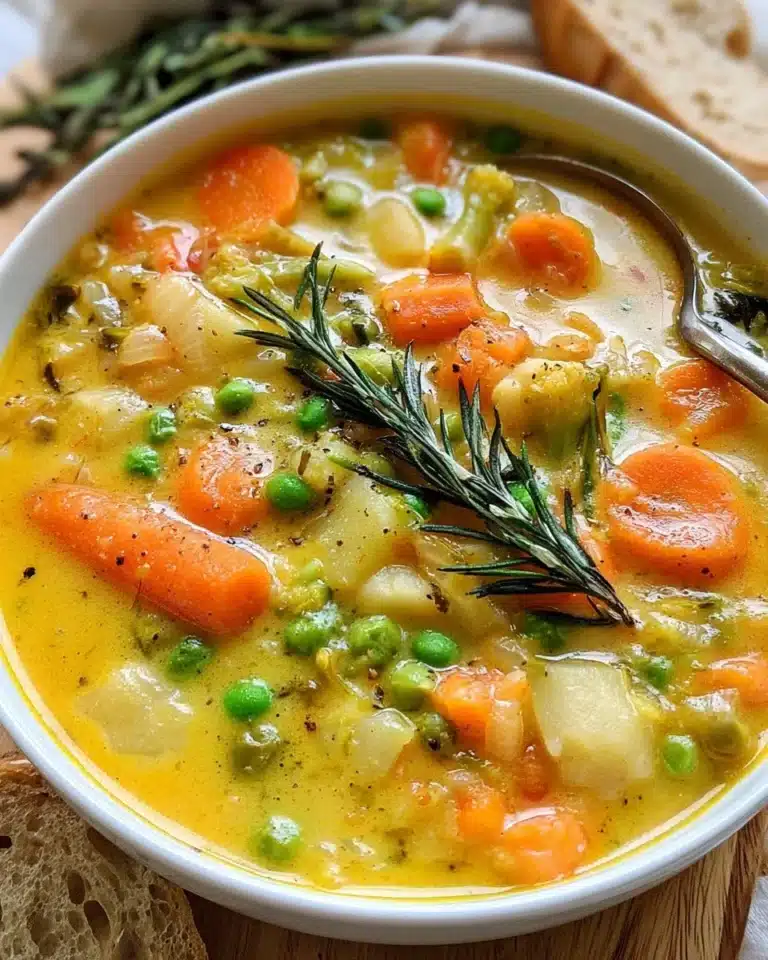 Bowl of colorful vegetable soup with fresh ingredients and herbs