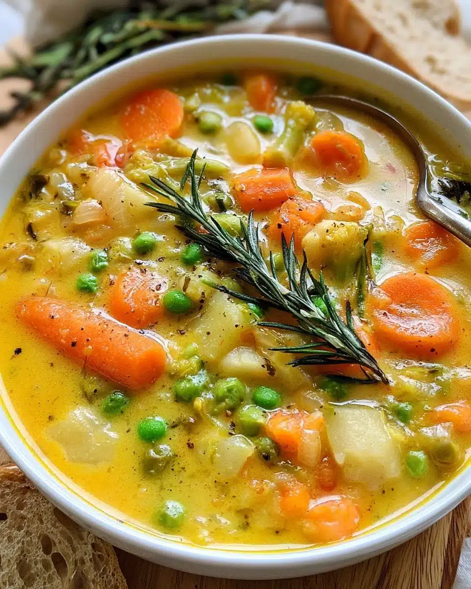 Bowl of colorful vegetable soup with fresh ingredients and herbs