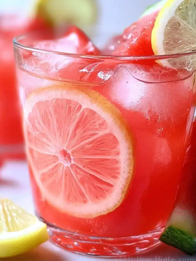 A refreshing glass of watermelon lemonade with vibrant colors and lemon slices on the rim.