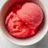 A bowl of homemade watermelon sorbet topped with mint leaves.