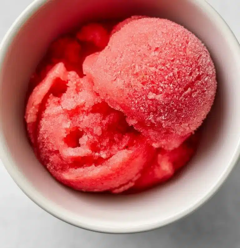 A bowl of homemade watermelon sorbet topped with mint leaves.