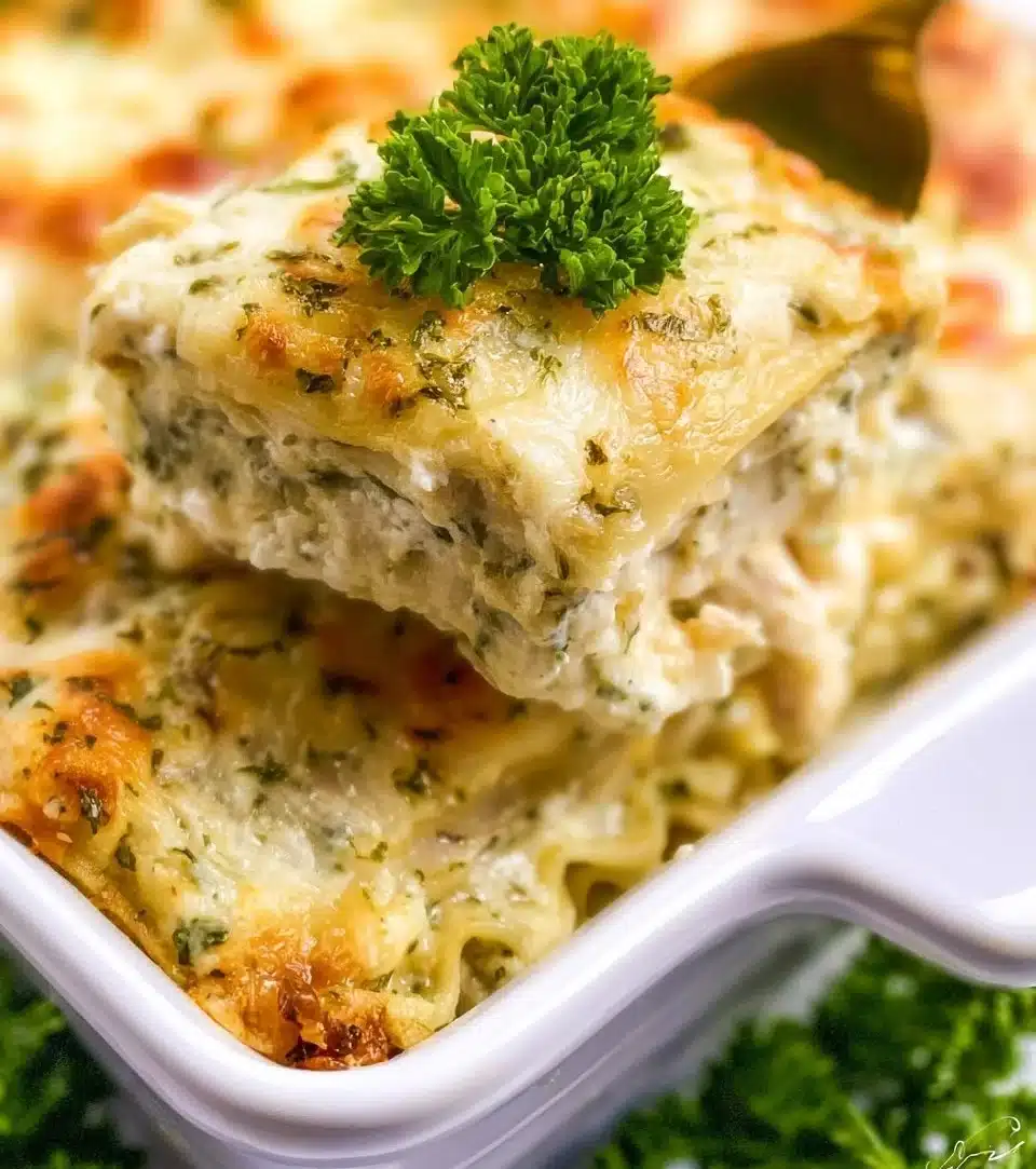 A delicious serving of white chicken lasagna topped with herbs and cheese.