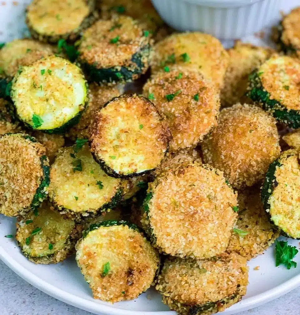 Bowl of crunchy homemade zucchini chips on a wooden table