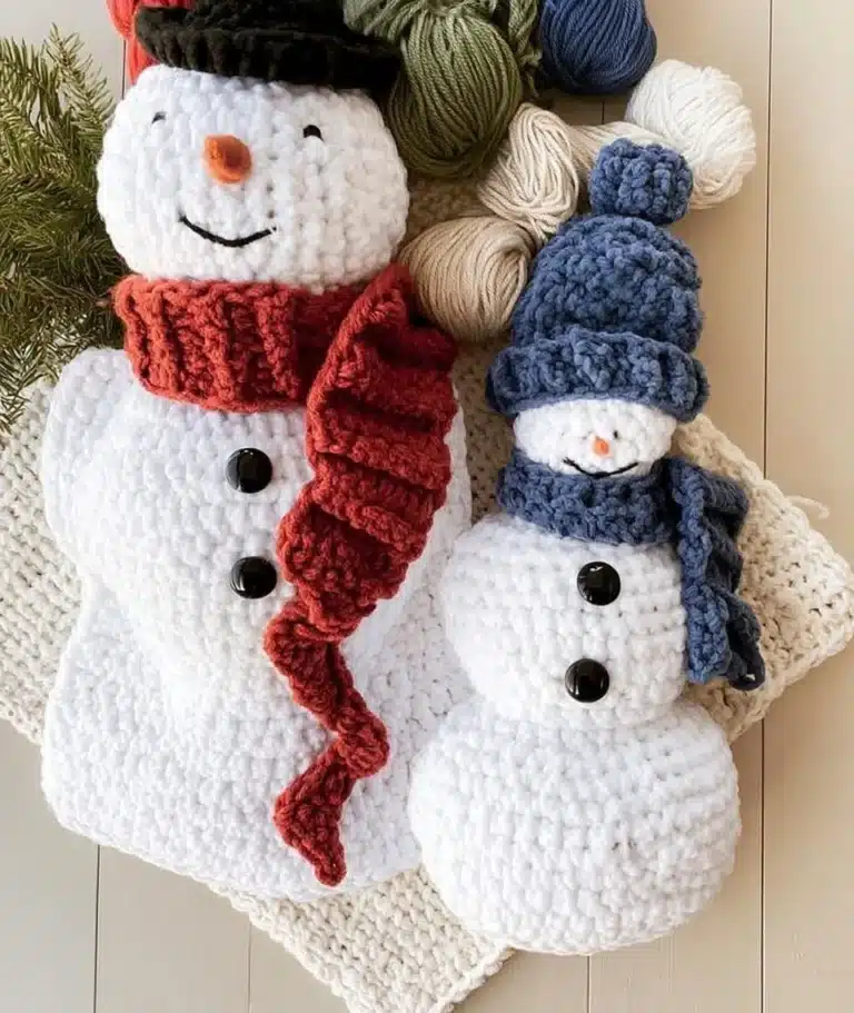 Cute amigurumi crochet snowman family for holiday decorations