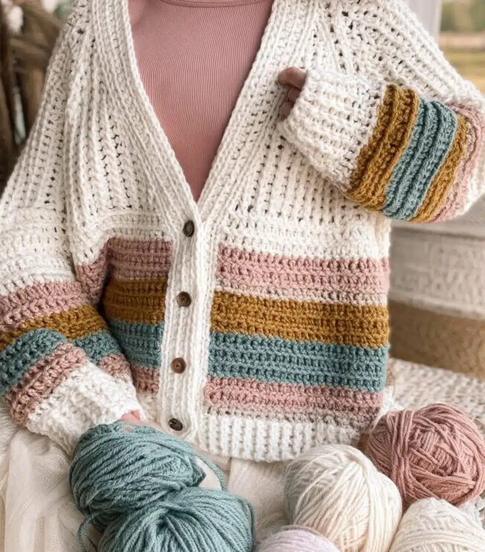 Handmade crochet cardigan in soft yarn, perfect for layering and style.