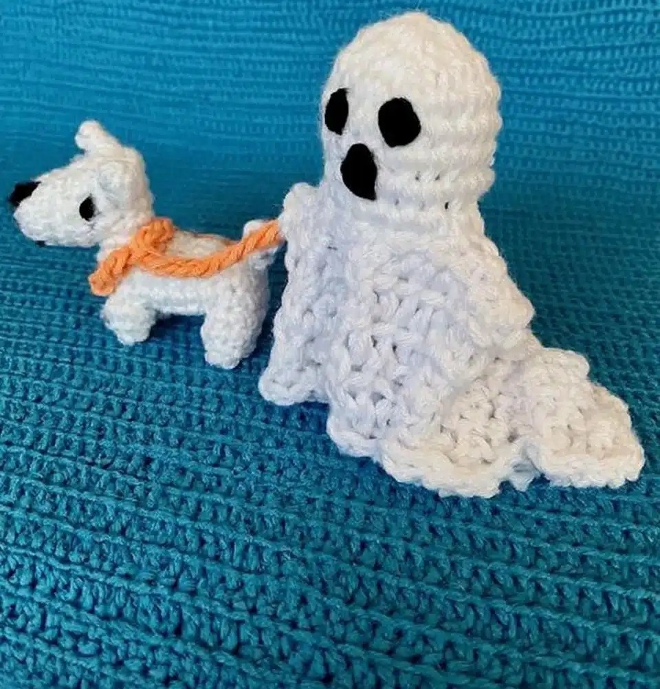 A person ghost walking a dog in a serene park setting.