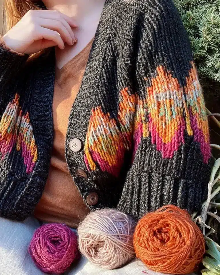Mosaic Cardigan featuring intricate patterns and vibrant colors